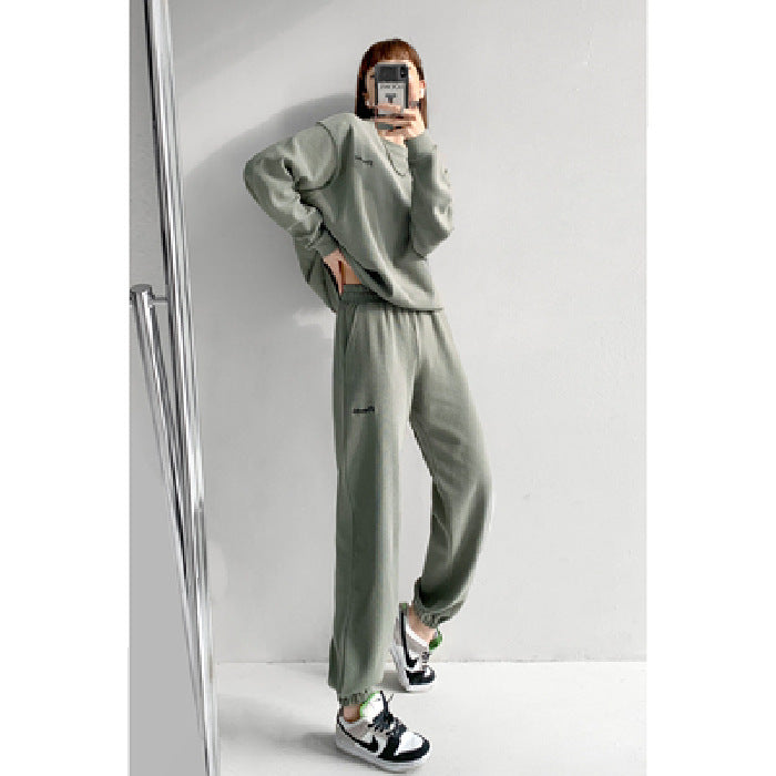 Waffle Long Sleeve Crew Neck Sweater \Track Pants Sports Suit