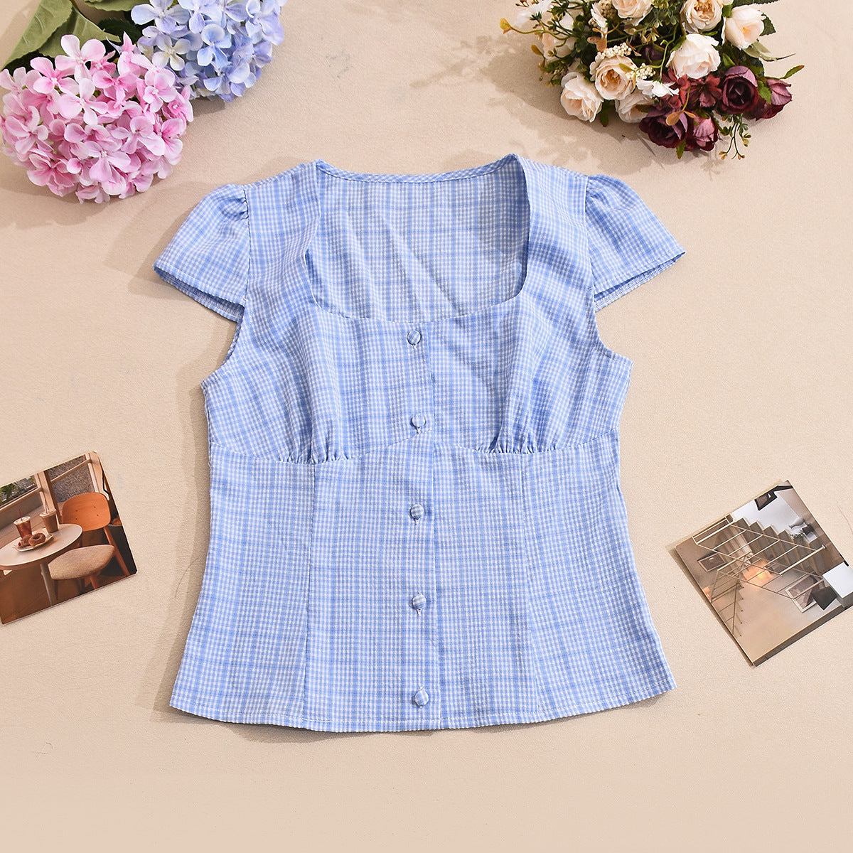 Womens Short-sleeve Plaid Button-up Top Short Blouse