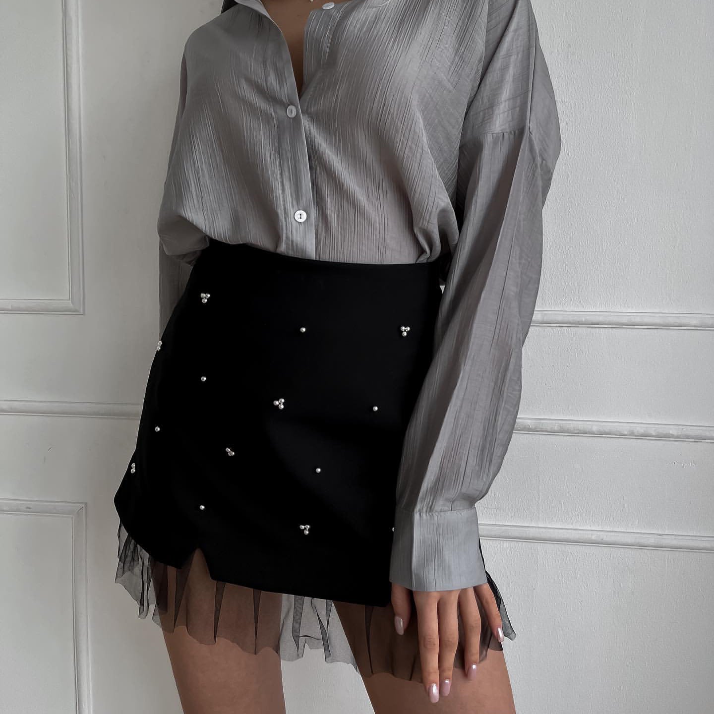 Mesh Stitching Beaded Mini Skirt